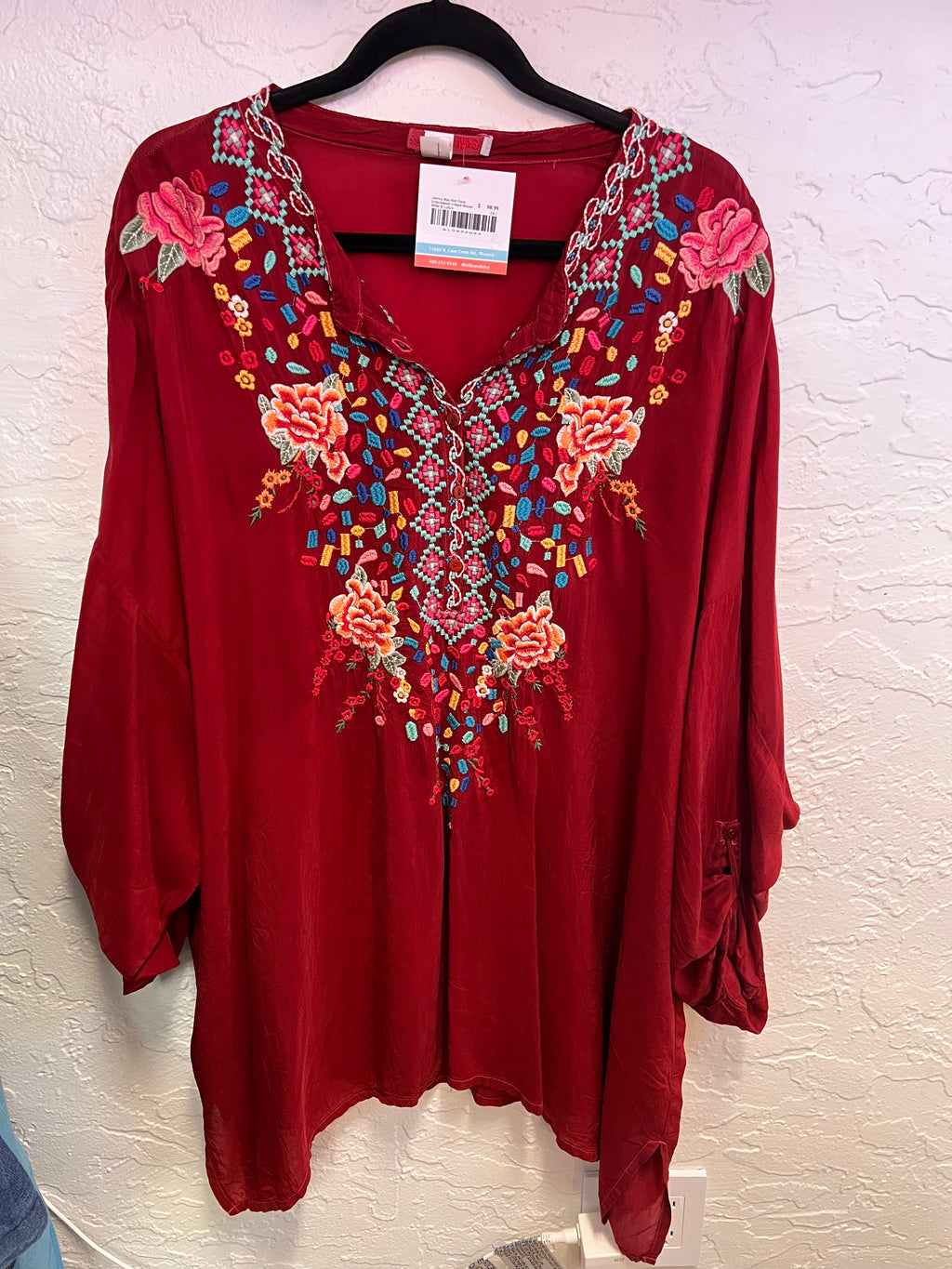 Johnny Was Red Floral Embroidered V-Neck Blouse