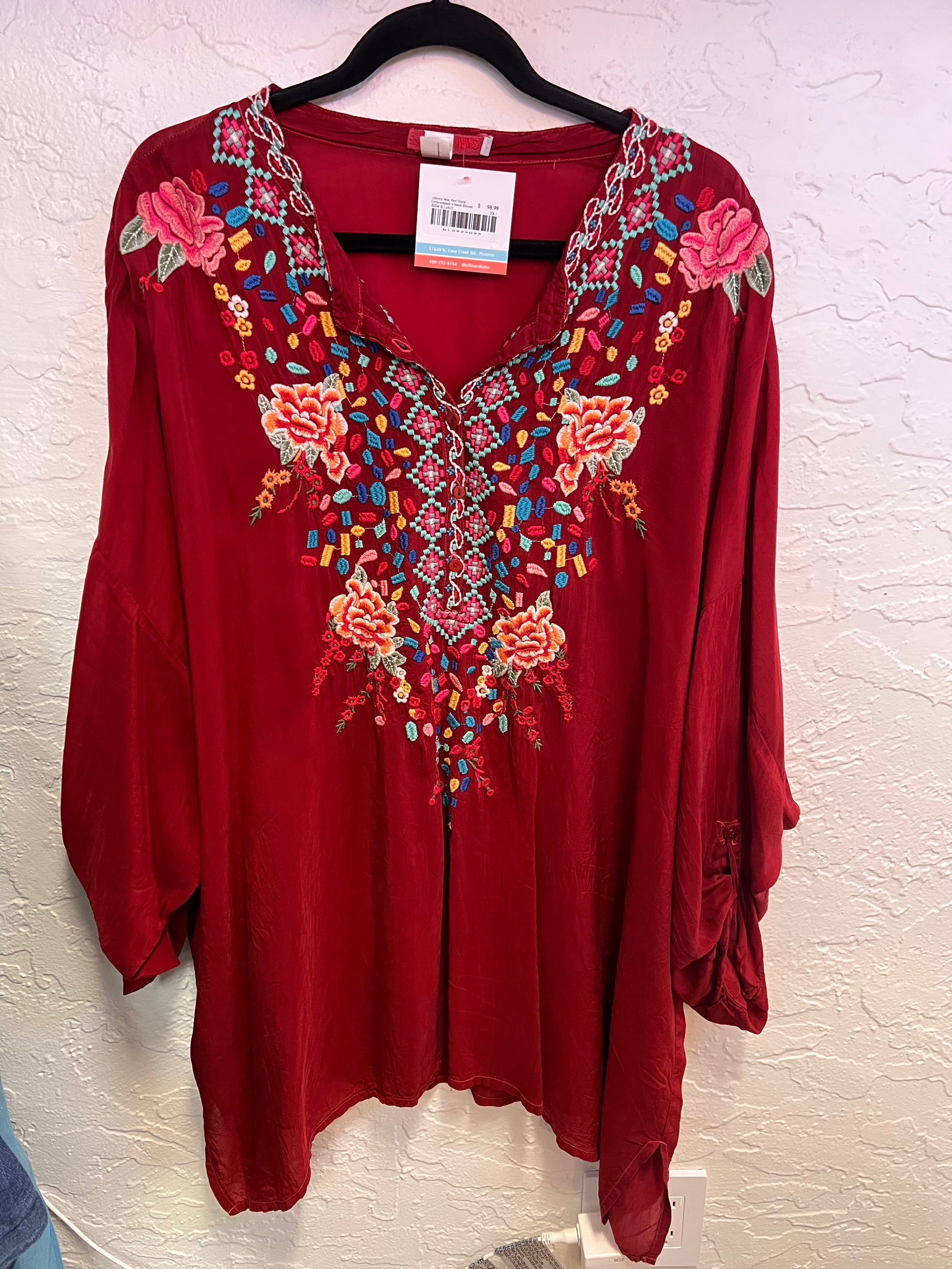 Johnny Was Red Floral Embroidered V-Neck Blouse