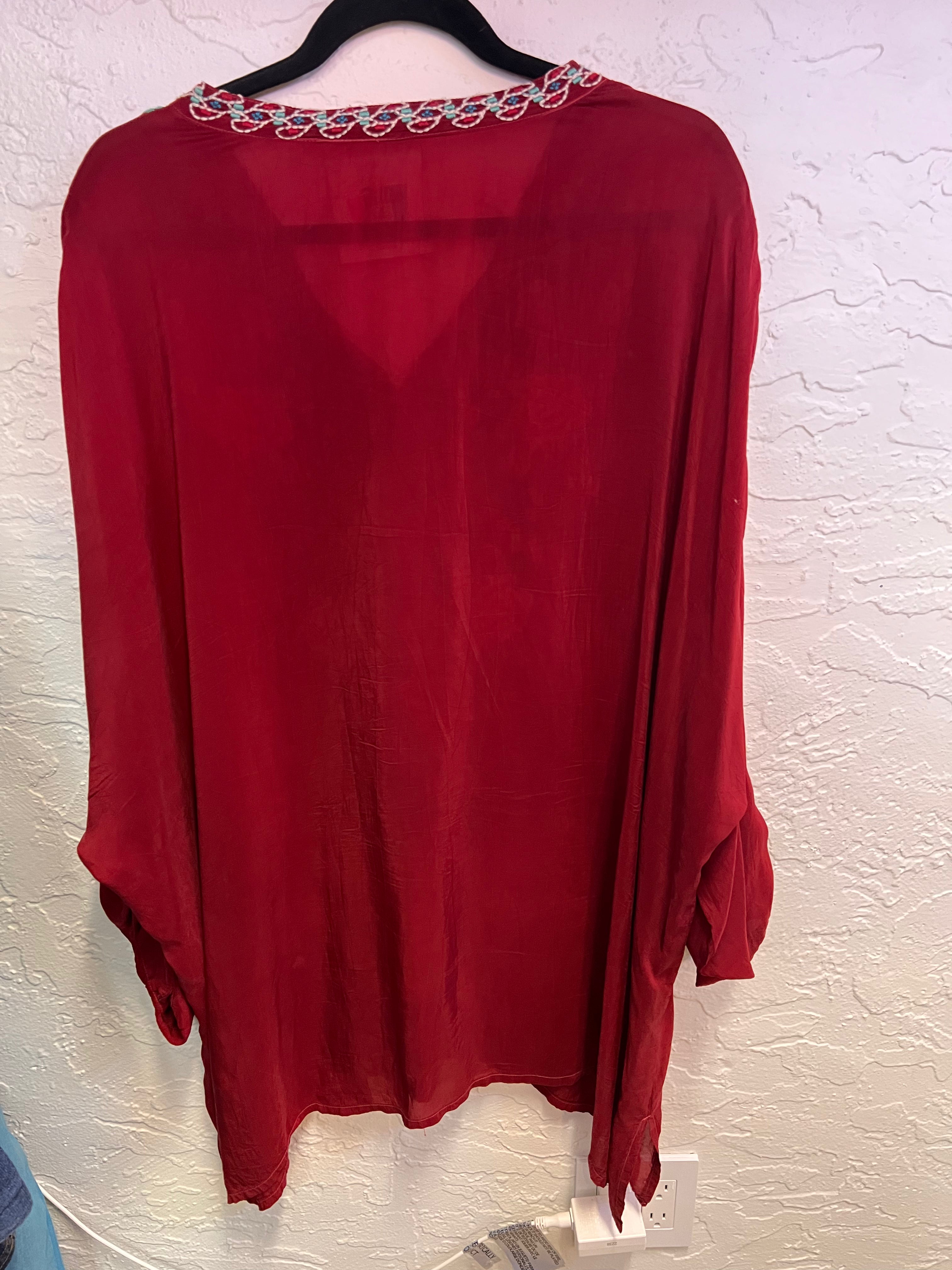 Johnny Was Red Floral Embroidered V-Neck Blouse
