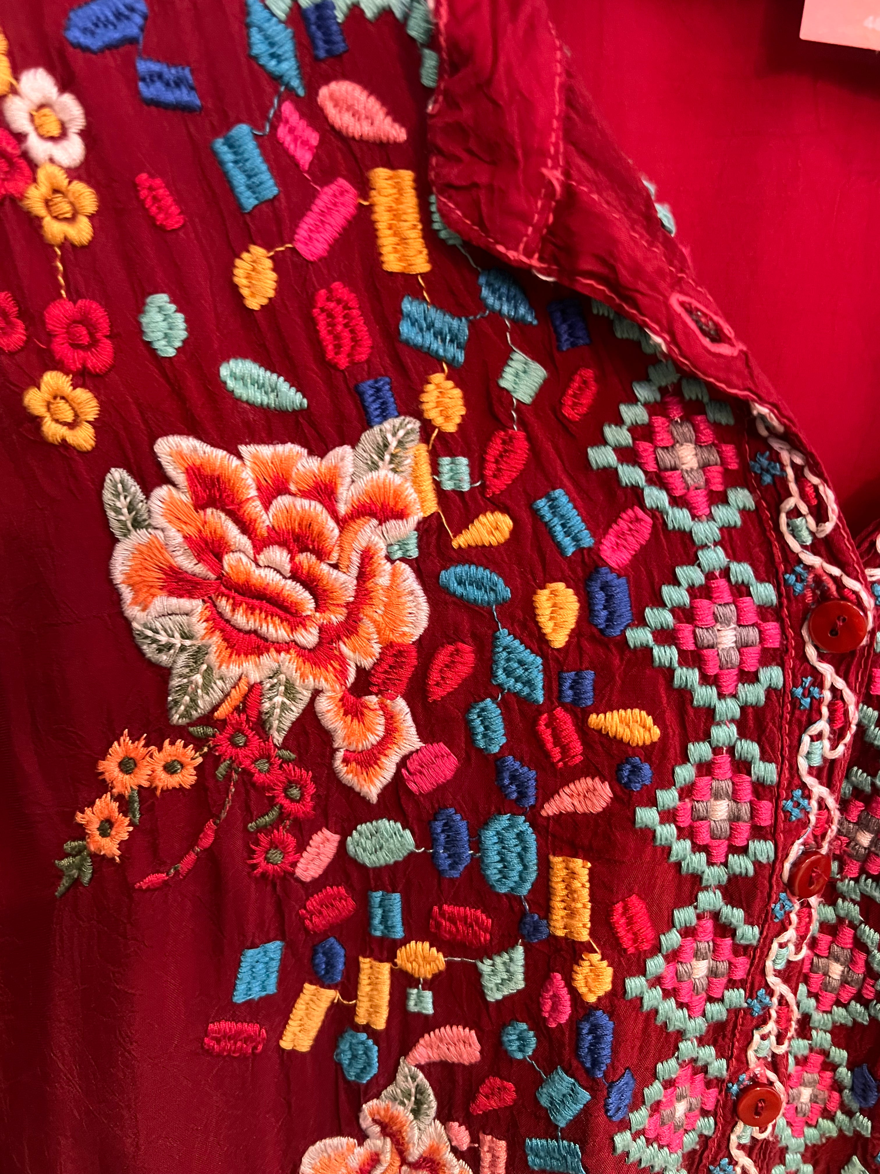 Johnny Was Red Floral Embroidered V-Neck Blouse