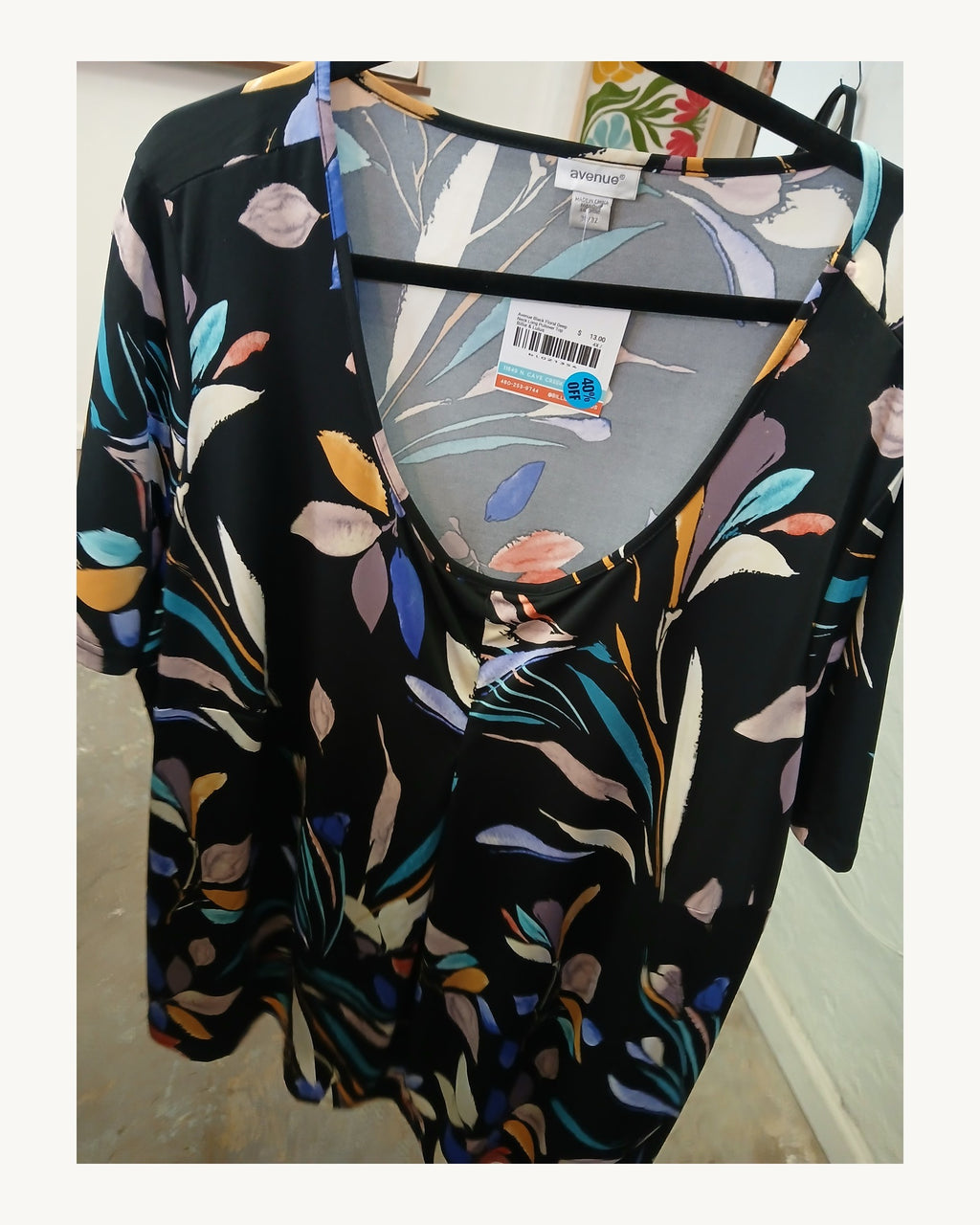 Avenue Black Floral Deep Neck Long Pullover Top