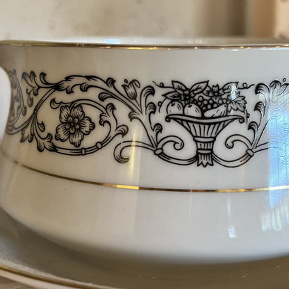 Coventry Fine China “Laurent” 653 Gravy Bowl Attached Plate Black Gold Accent